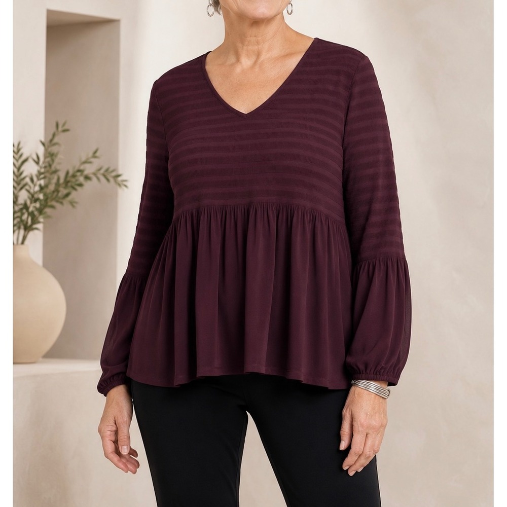 Chicos Burgundy Striped Peplum Blouse V-Neck Balloon Sleeve Top Size 2 Large